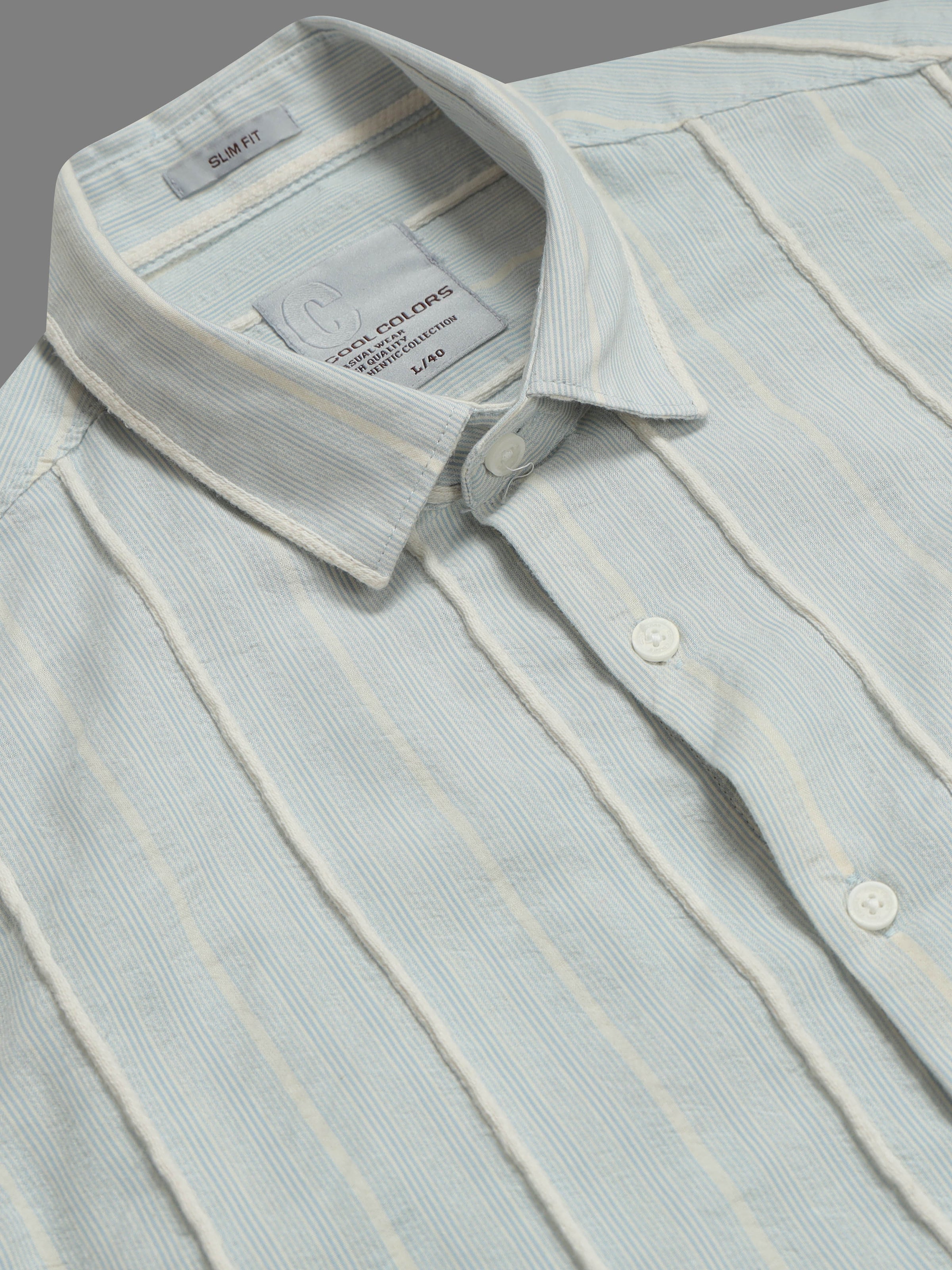 Men Sky Blue Slim Fit Textured Striped Full Sleeve Casual Shirt