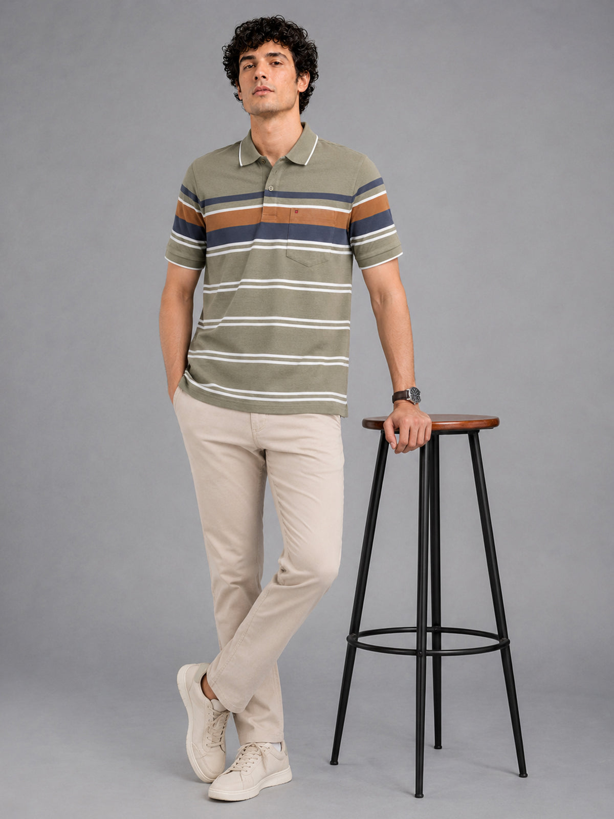 Men’s Olive Slim Fit Textured Striped Casual Polo T-Shirt