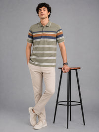 Men’s Olive Slim Fit Textured Striped Short Sleeves Casual Polo T-Shirt
