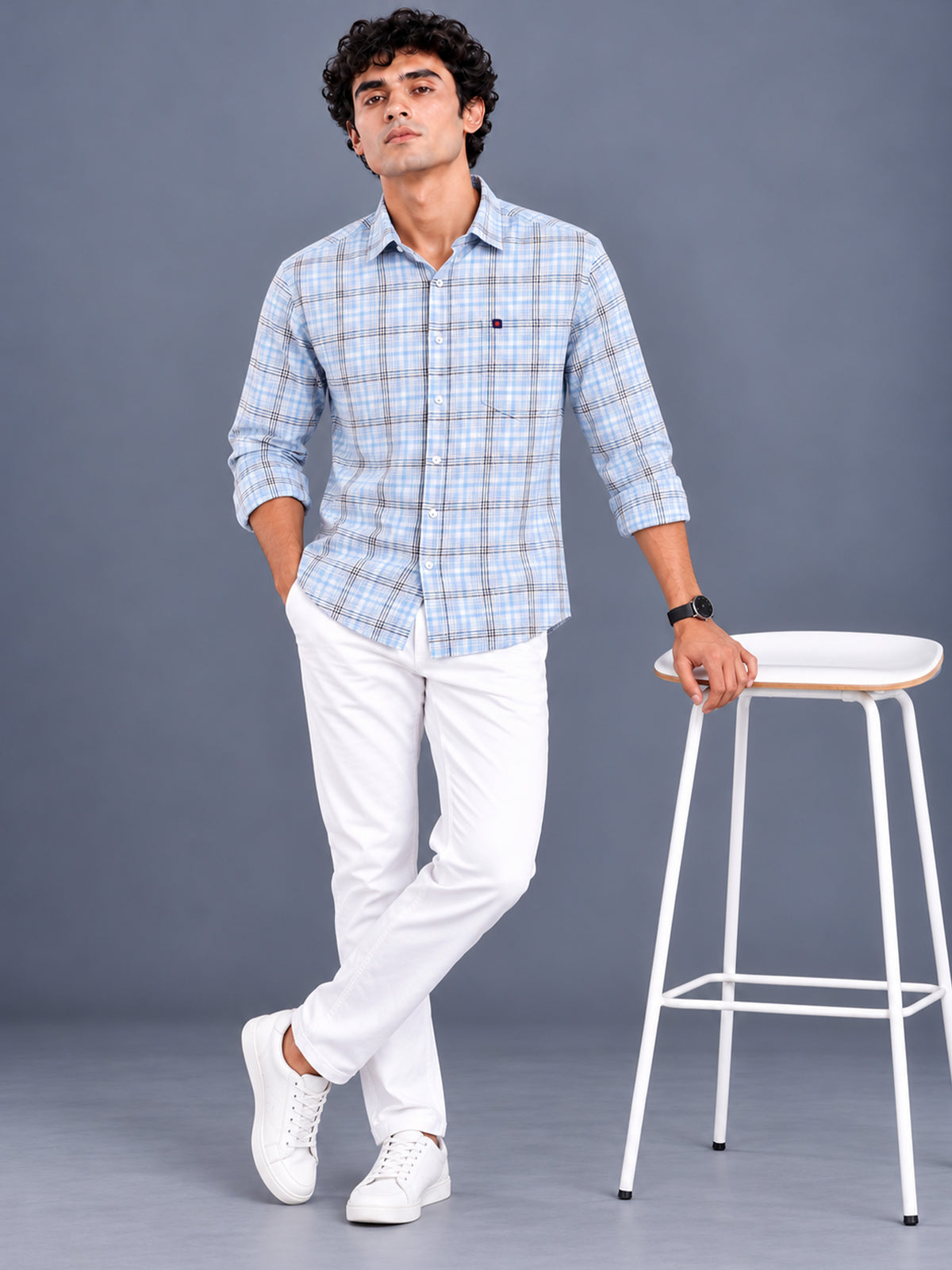 Men's Blue Slim Fit Checked Casual Shirt