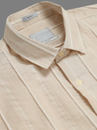 Men Beige Slim Fit Textured Striped Full Sleeve Casual Shirt