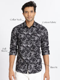 Men Black Floral Print Full Sleeve Slim Fit Casual Shirt