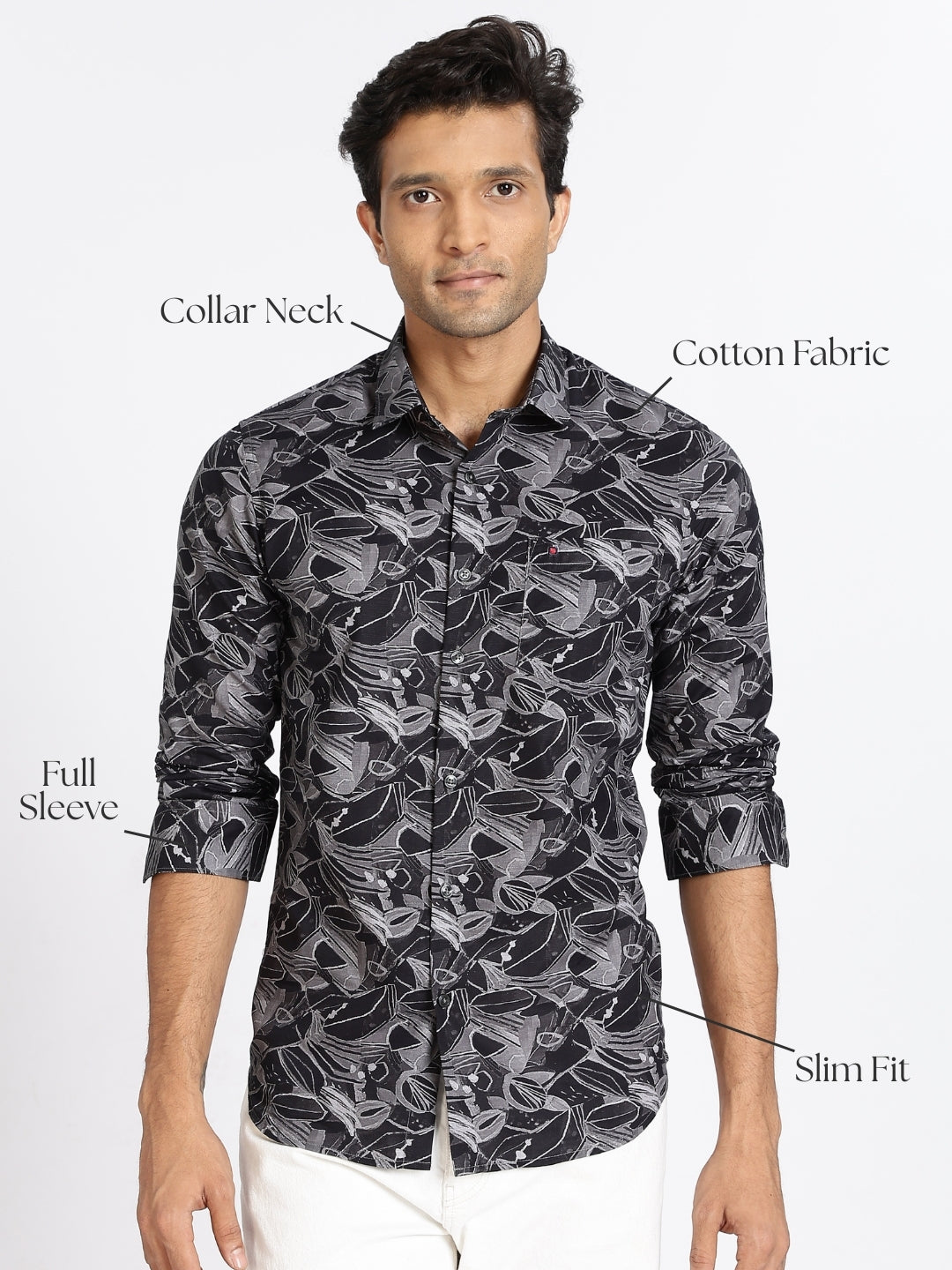 Men Black Floral Print Full Sleeve Slim Fit Casual Shirt