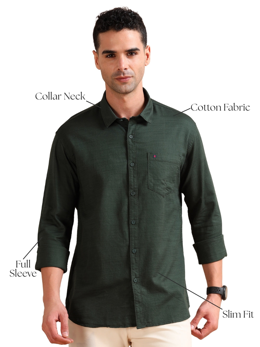 Men Dark Green Slim Fit Solid Full Sleeve Casual Shirt