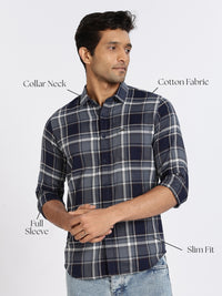 Men Navy Textured Check Full Sleeve Slim Fit Casual Shirts