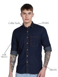 Navy Plain Slim Fit Full Sleeve Denim Casual Shirt