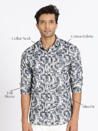 Men Blue Printed Full Sleeve Slim Fit Casual Shirt