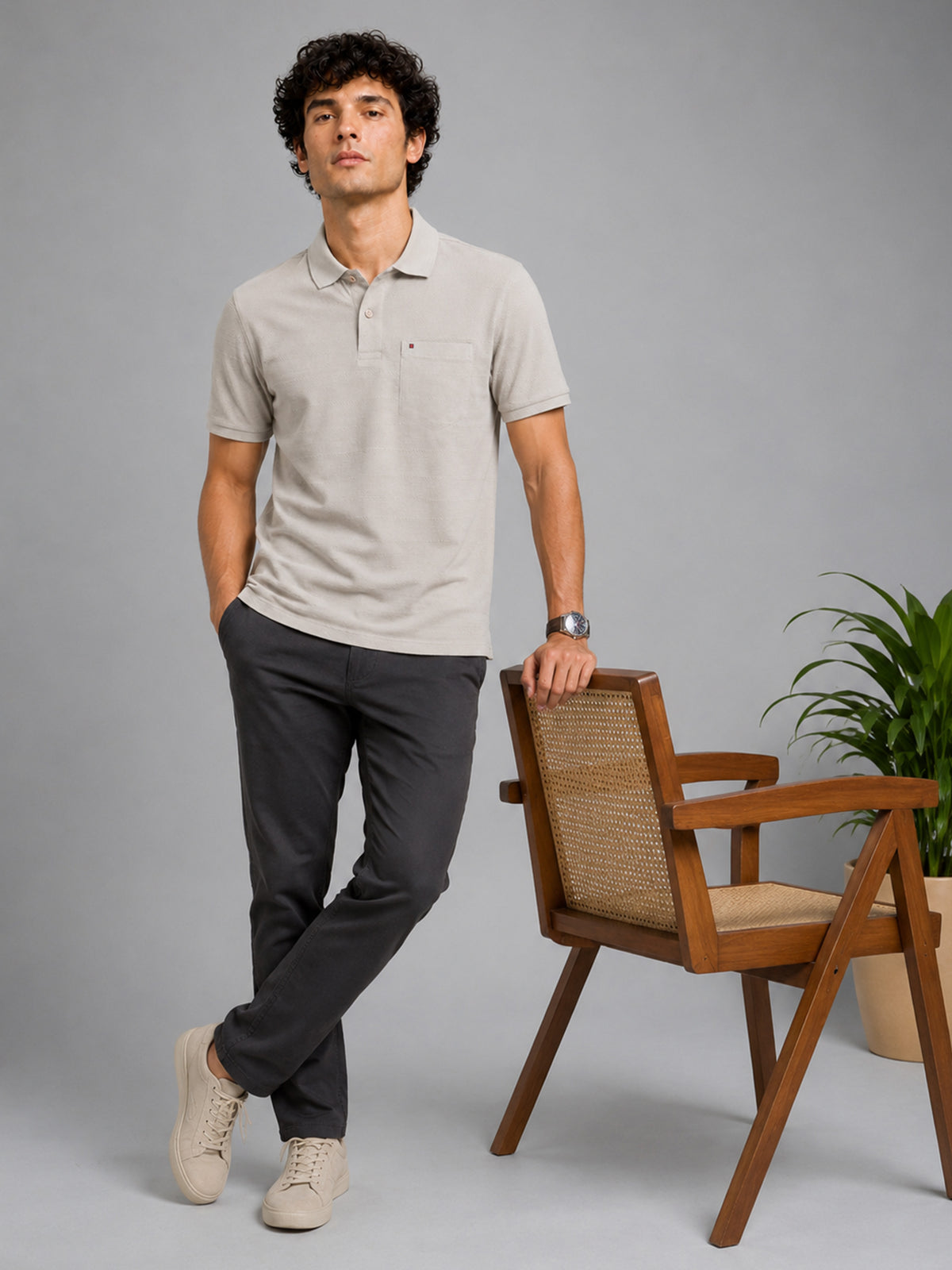 Men’s Beige Textured Knit Solid Casual Polo T‑Shirt.