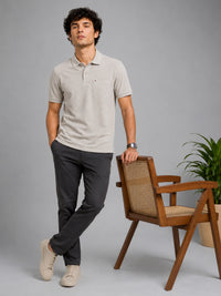 Men’s Beige Textured Knit Solid Casual Polo T‑Shirt.