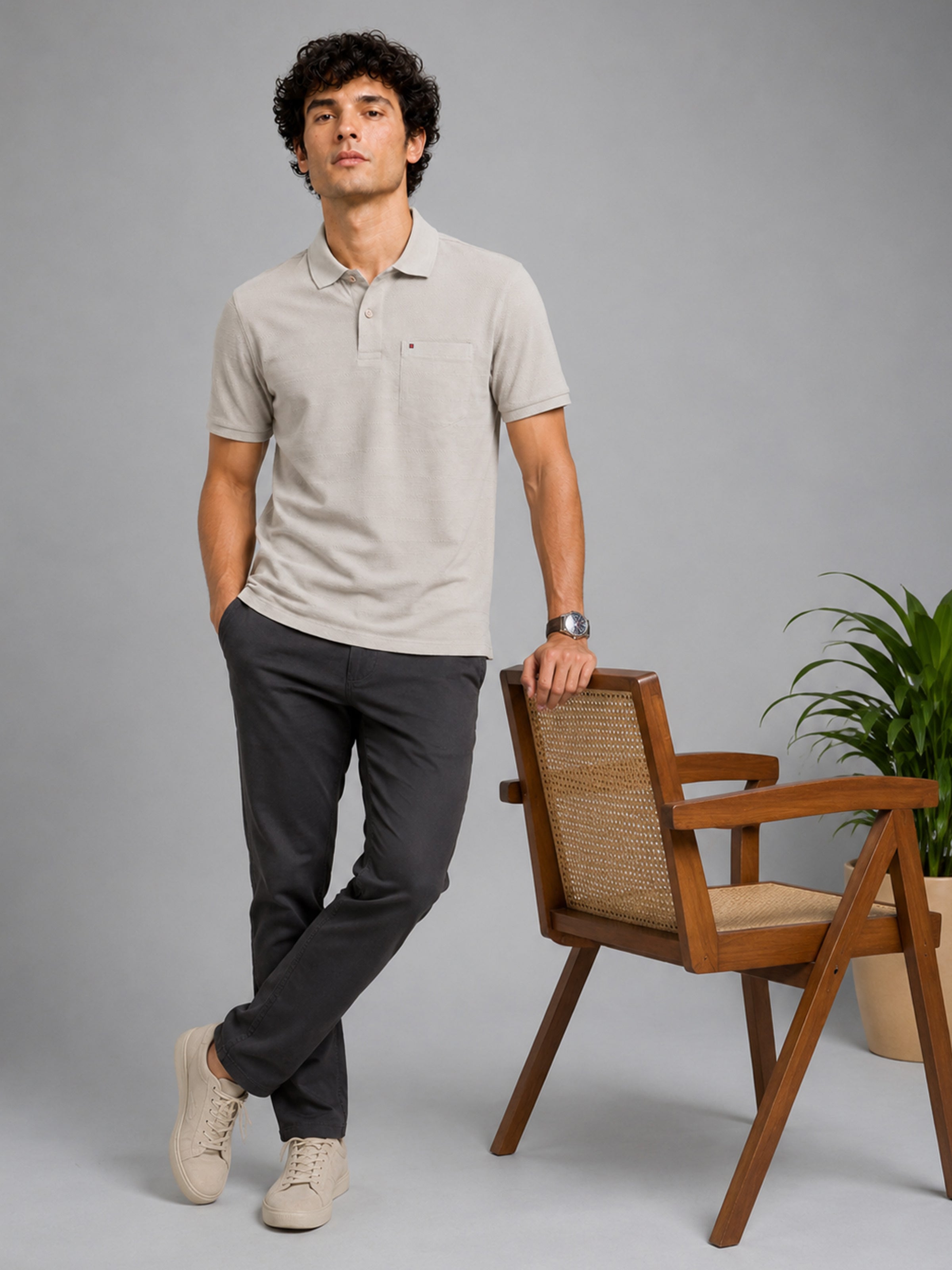 Men’s Beige Textured Knit Solid Casual Polo T‑Shirt.