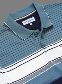 Men's Teal Blue Textured Knit Striped Short Sleeves casual Polo T-Shirt