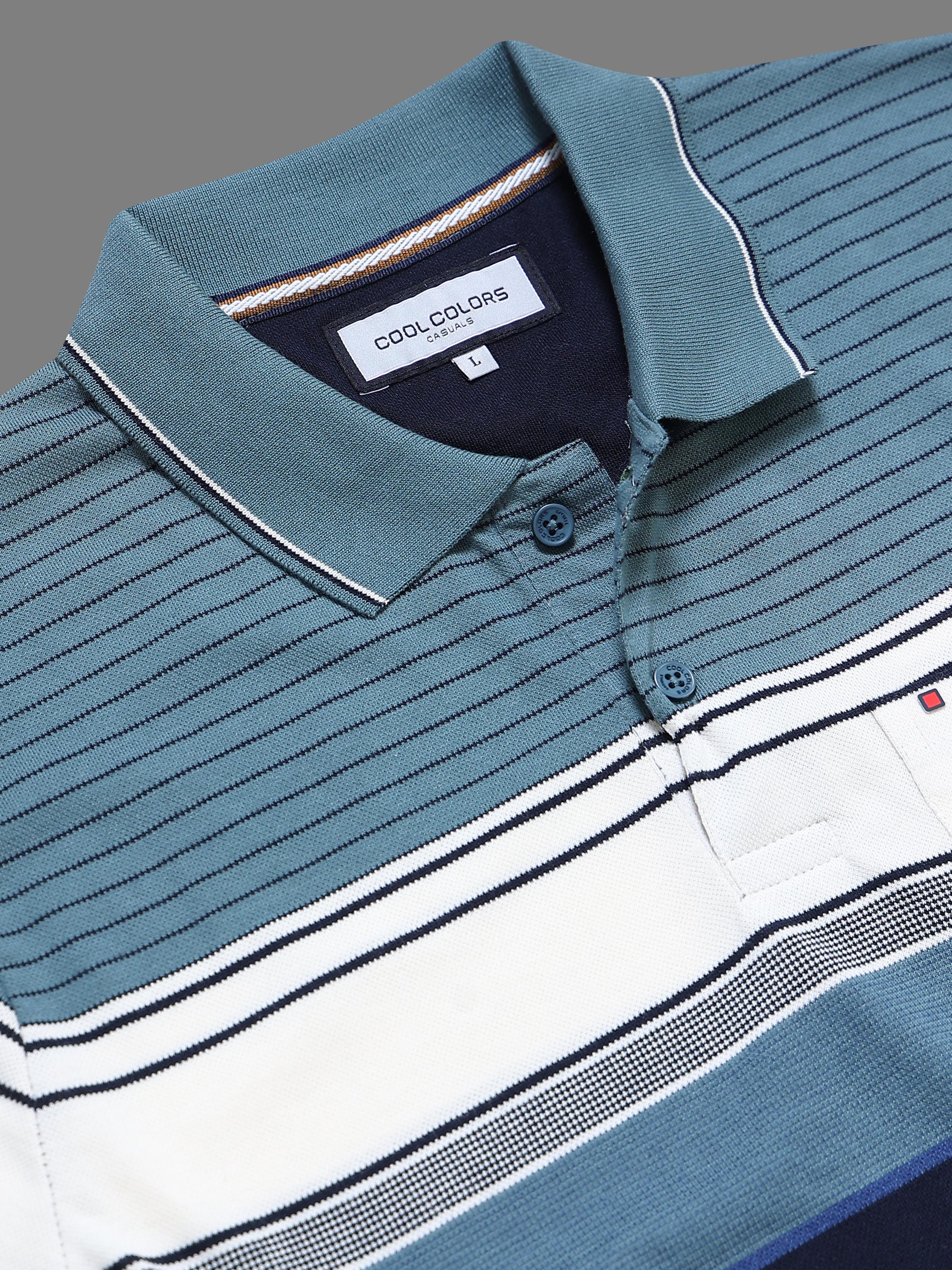 Men's Teal Blue Textured Knit Striped Short Sleeves casual Polo T-Shirt