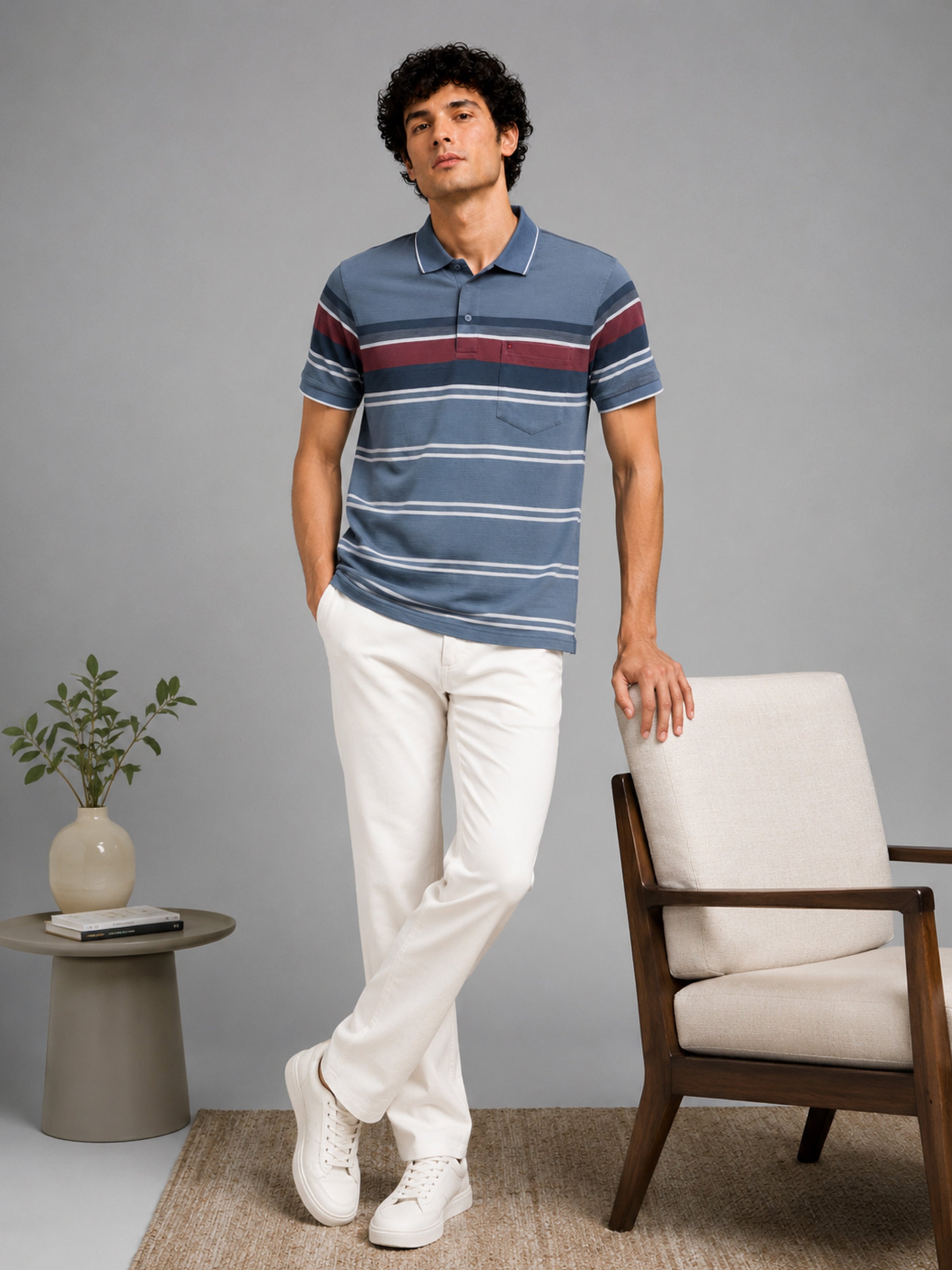 Men’s Blue Slim Fit Textured Striped Short Sleeves Casual Polo T-Shirt