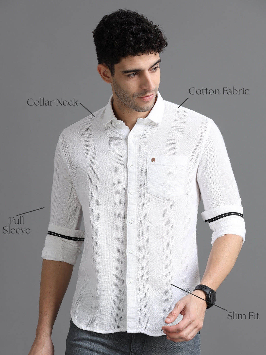 Men White Slim Fit Textured Full Sleeve Casual Shirt