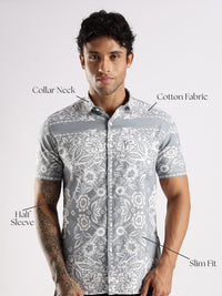 Grey Floral Printed Slim Fit Cotton Half Sleeve Casual Shirt