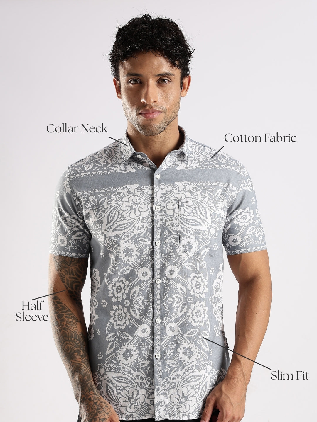 Grey Floral Printed Slim Fit Cotton Half Sleeve Casual Shirt