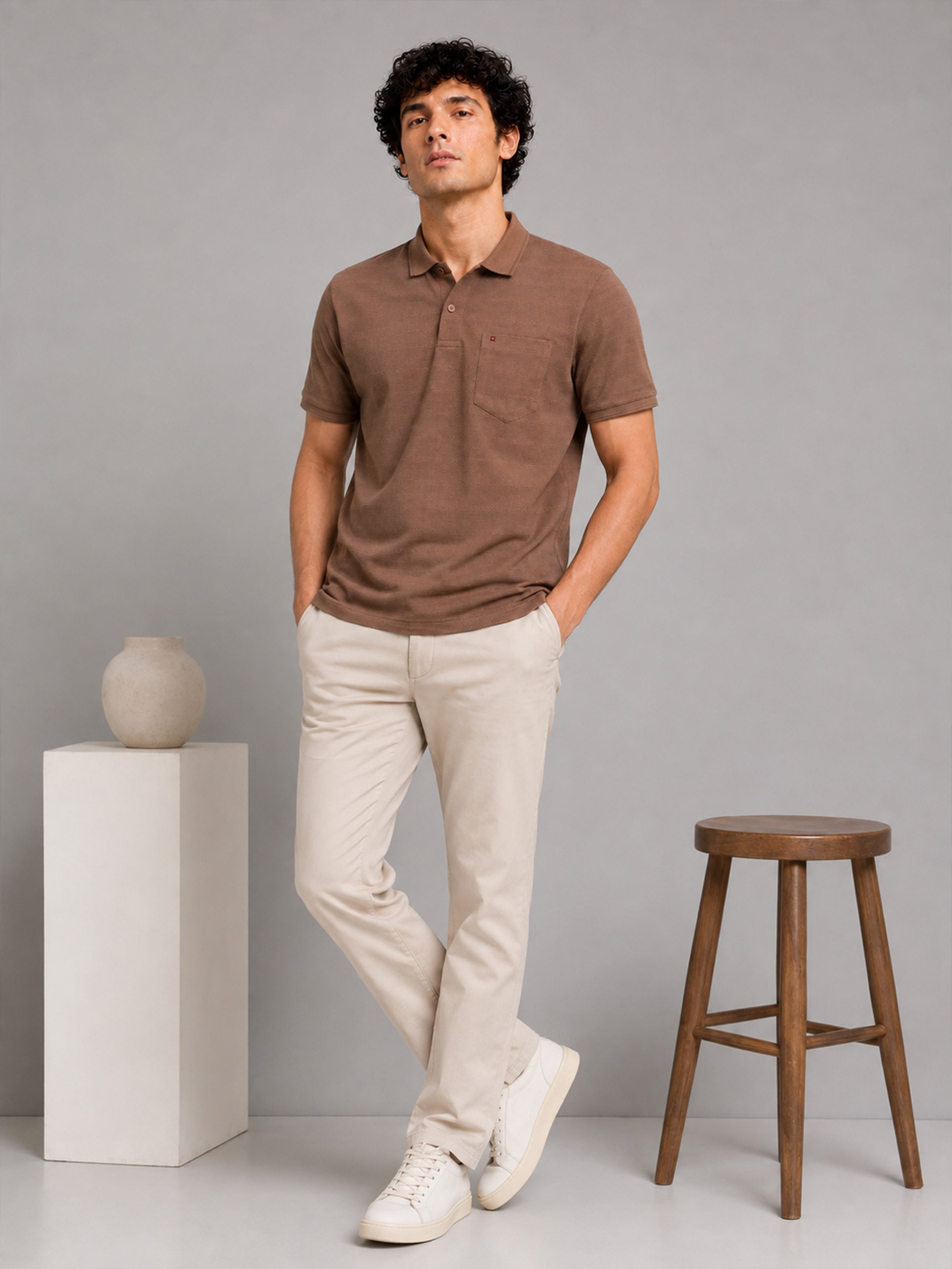 Men’s Brown Textured Knit Solid Casual Polo T‑Shirt.
