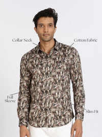 Men Brown Leaf Print Full Sleeve Slim Fit Casual Shirts