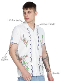 White Floral Print Slim Fit Half Sleeve Cuban Collar Shirt