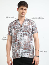 Brown Abstract Floral Print Slim Fit Half Sleeve Cuban Collar Shirt