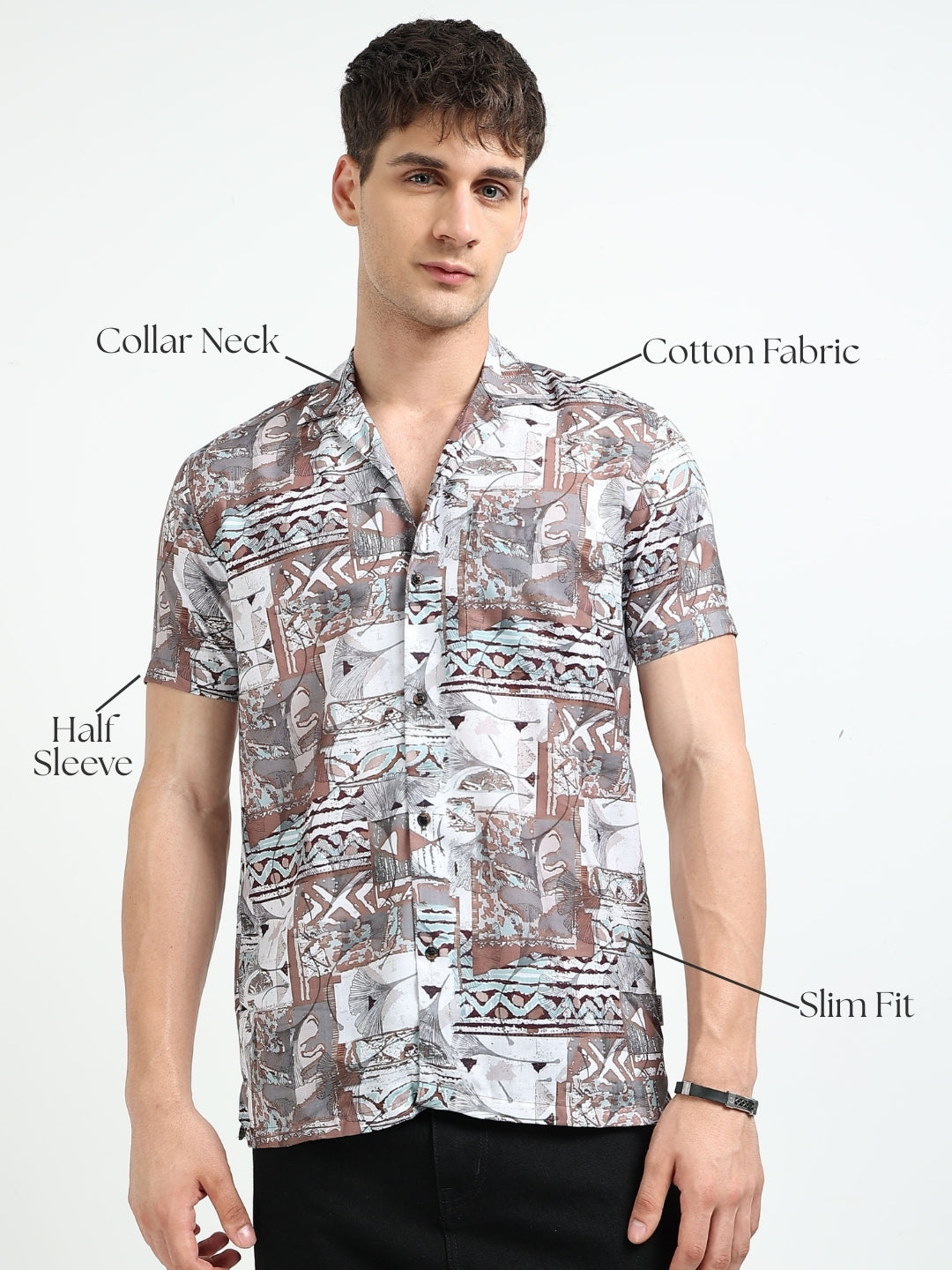Brown Abstract Floral Print Slim Fit Half Sleeve Cuban Collar Shirt