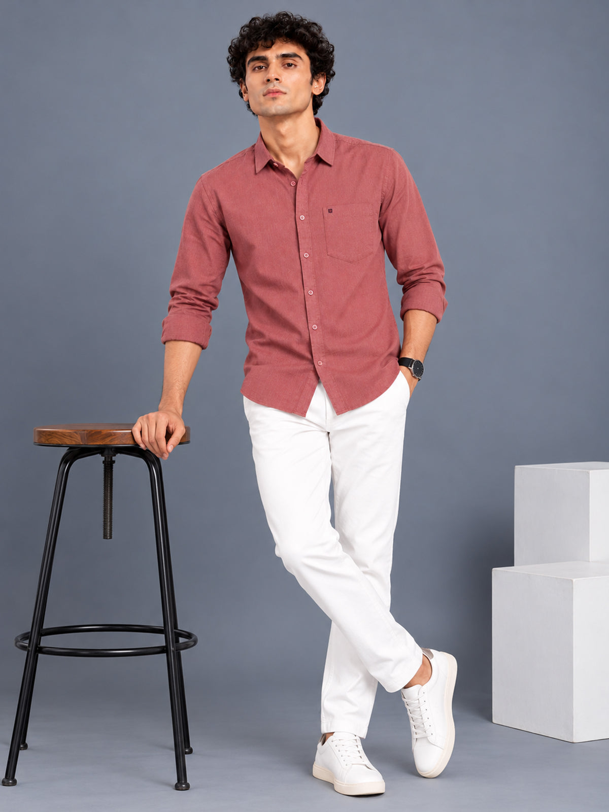 Men's Dusty Rose Linen Textured Slim Fit Solid Casual Shirt