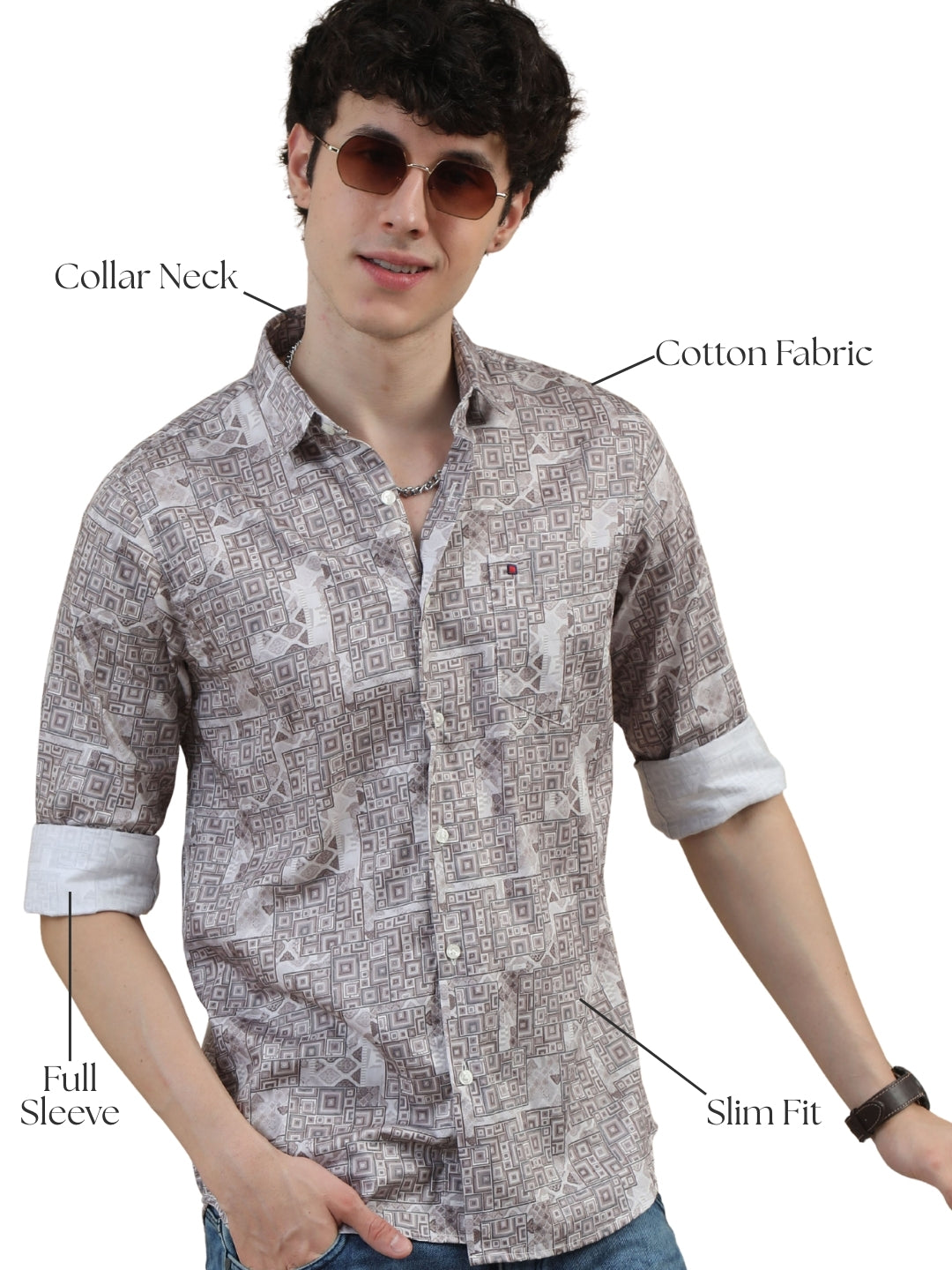 Men Light Peach Slim Fit Digital Printed  Full Sleeve Casual Shirt