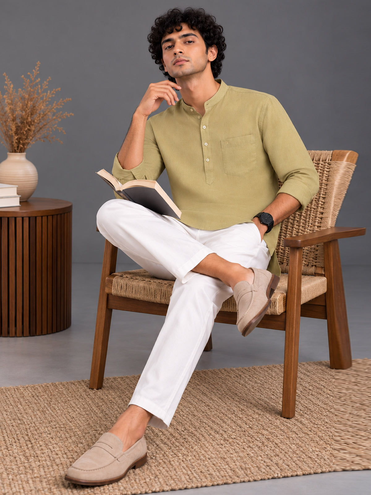 Men Yellow Slim Fit Solid Linen Texture Casual Kurta Shirt