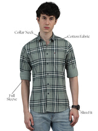 Men Light Green Slim Fit Checks Full Sleeve Casual Shirt
