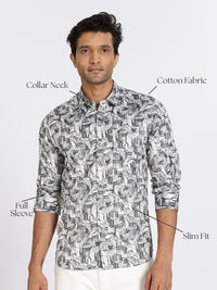 Men Grey Printed Full Sleeve Slim Fit Casual Shirt