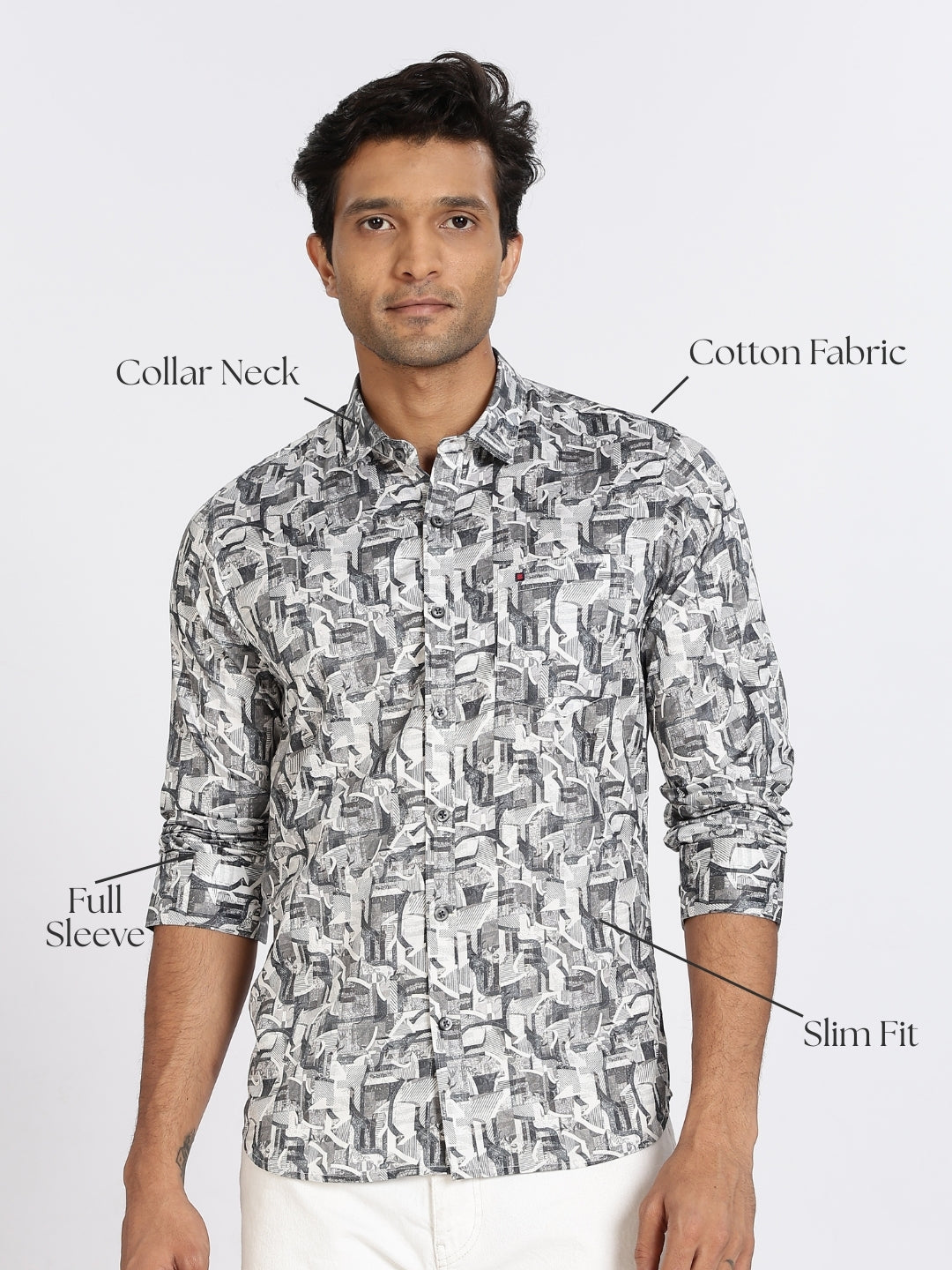 Men Grey Printed Full Sleeve Slim Fit Casual Shirt