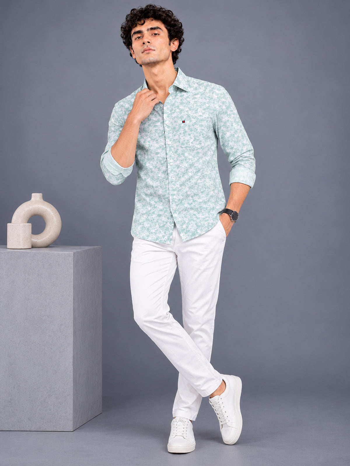 Men’s Sage Green Slim Fit Floral Printed Casual Shirt