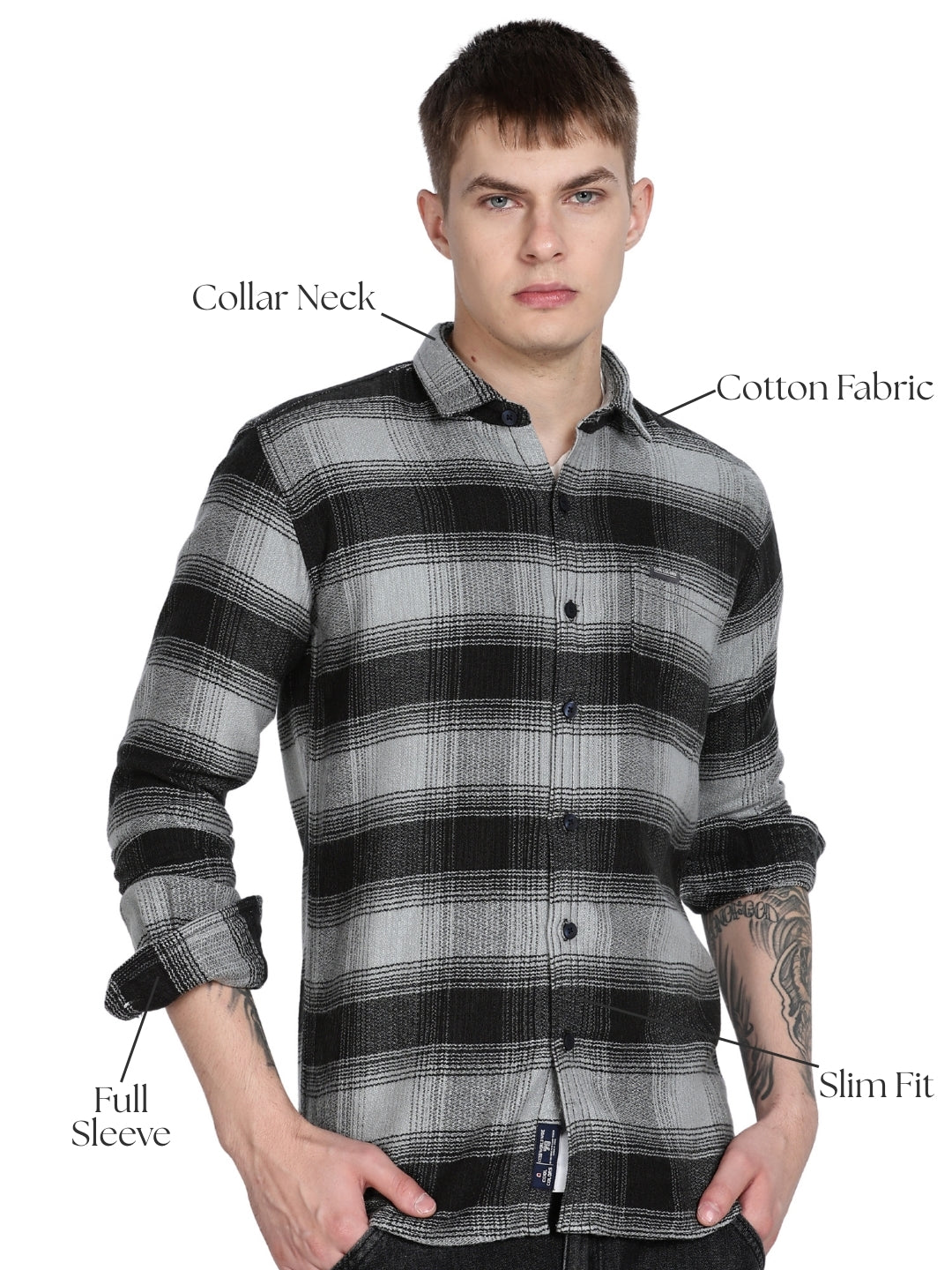 Black Plaid Checked Slim Fit Full Sleeve Shirt