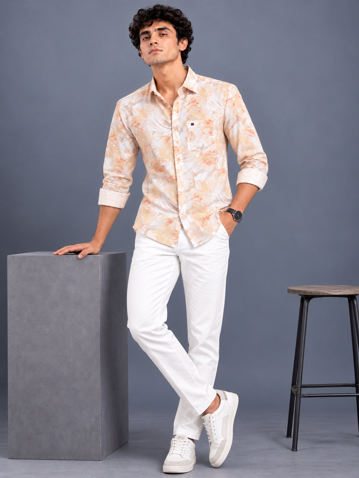Men Yellow Abstract Printed Slim Fit Casual Shirt