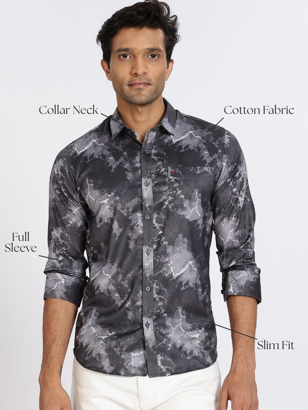 Men Dark Grey Printed Full Sleeve Slim Fit Casual Shirts