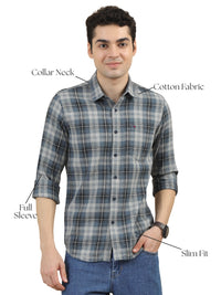 Men Grey Slim Fit Checks Full Sleeve Casual Shirt