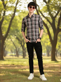 Men Grey Slim Fit Checks Full Sleeve Casual Shirt