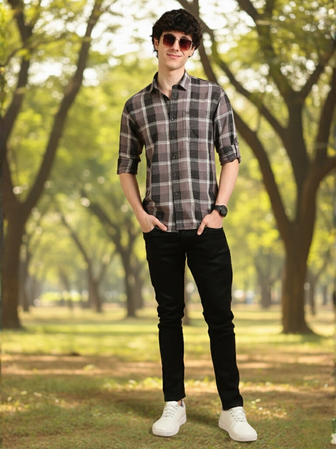 Men Grey Slim Fit Checks Full Sleeve Casual Shirt