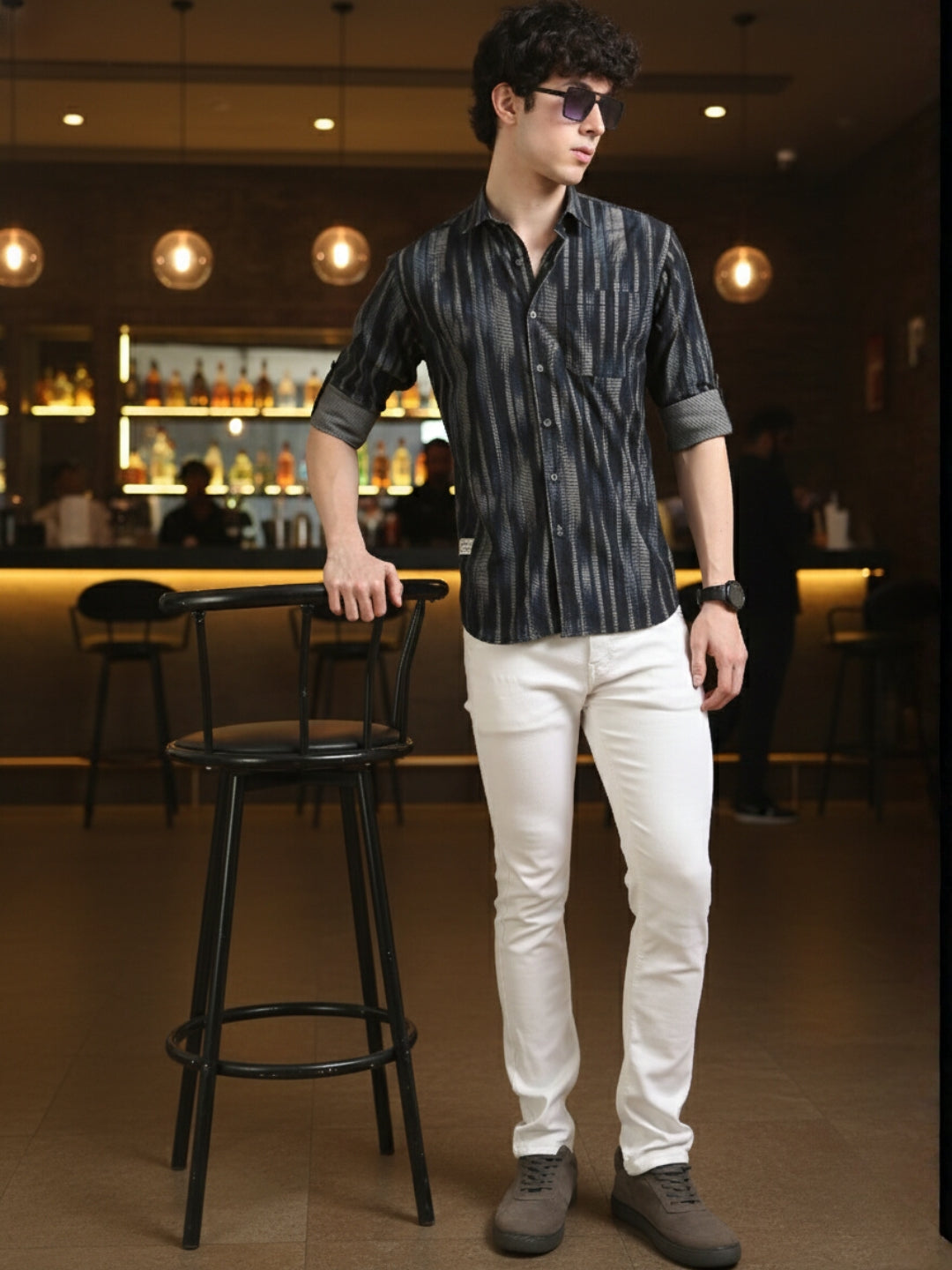 Men Navy  Slim Fit Printed Full Sleeve Casual Shirt