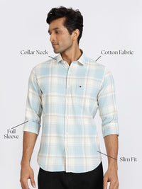 Men Sky Blue Checked Full Sleeve Slim Fit Casual Shirt