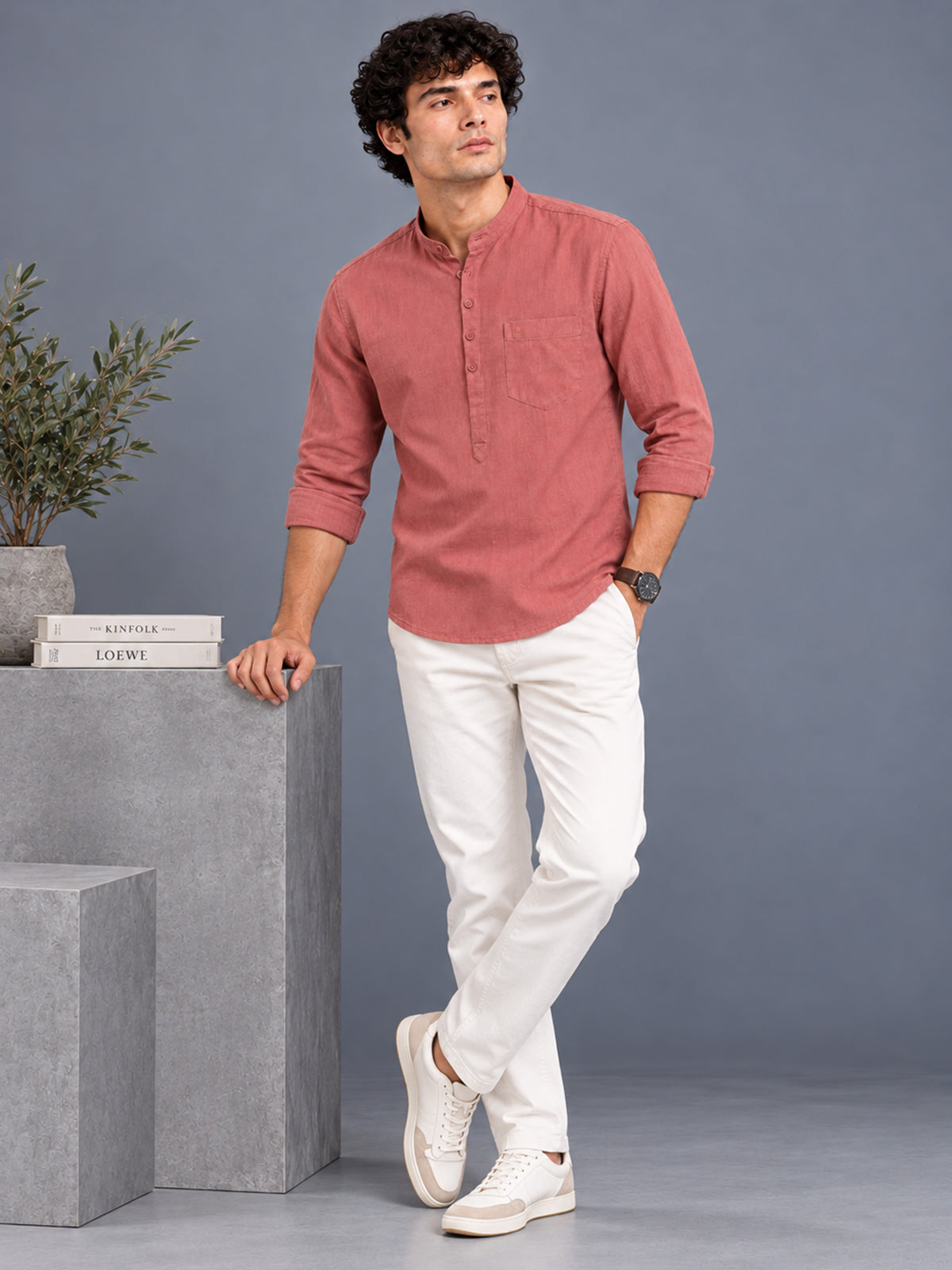 Men Dusty Rose Slim Fit Solid Linen Texture Casual Kurta Shirt