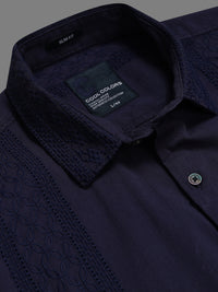 Men Navy Slim Fit Embroidered Full Sleeve Casual Shirt