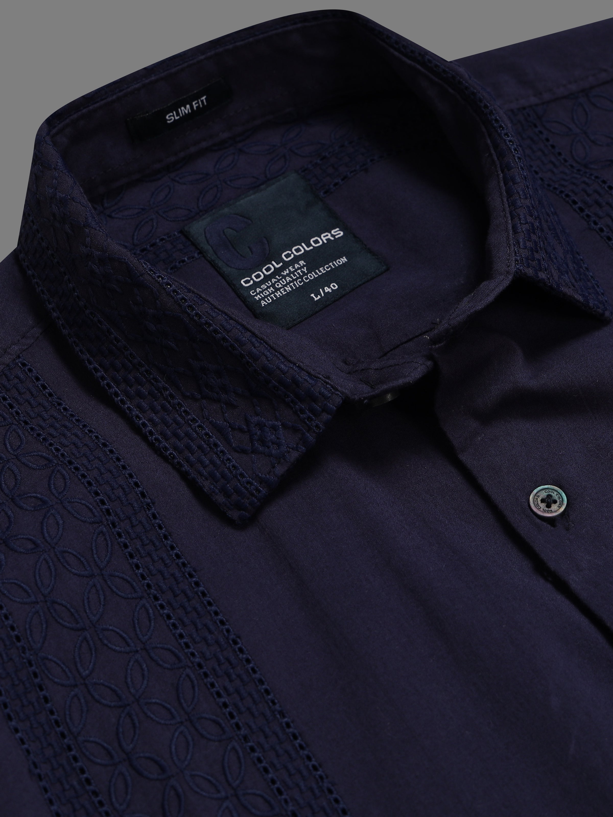 Men Navy Slim Fit Embroidered Full Sleeve Casual Shirt