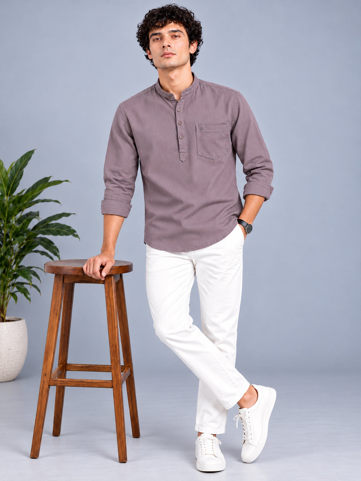Men Dusty Pink Slim Fit Solid Linen Texture Casual Kurta Shirt