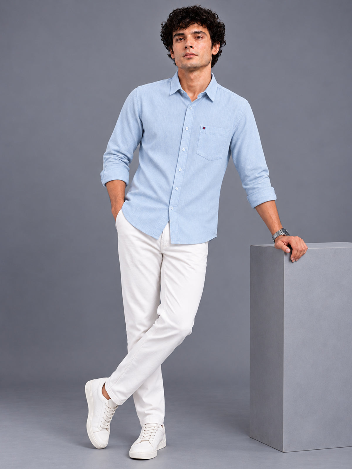 Men's Grey Linen Textured Slim Fit Solid Casual Shirt