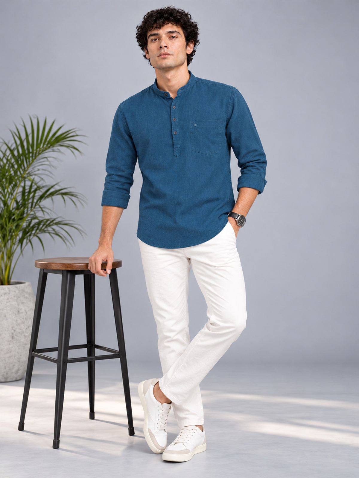 Men Navy Slim Fit Solid Linen Texture Casual Kurta Shirt