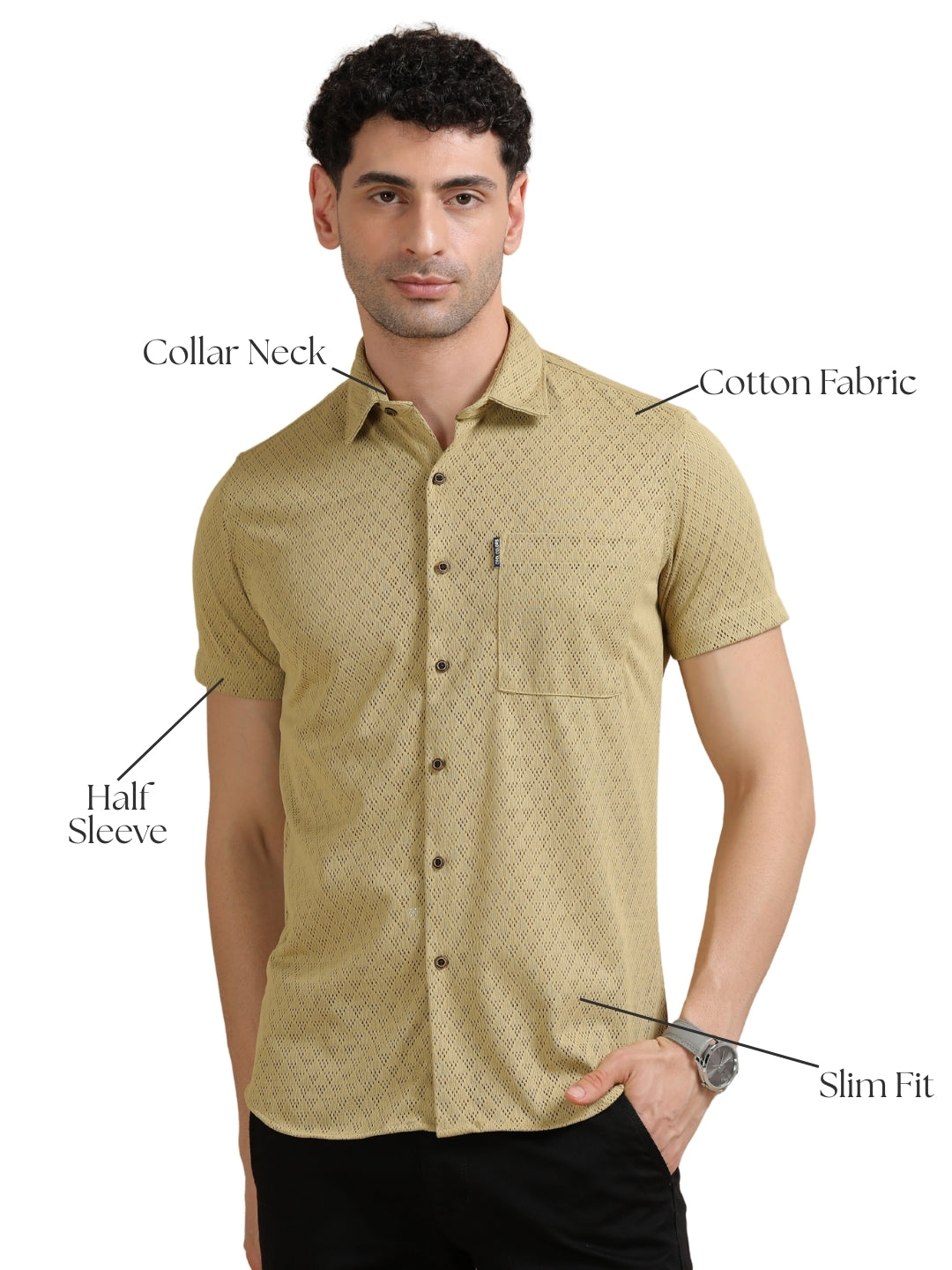 Men Khaki Half Sleeve knitted Dobby Casual Shirt