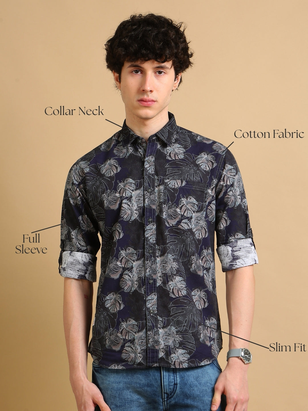 Men Navy Slim Fit Printed Full Sleeve Casual Shirt