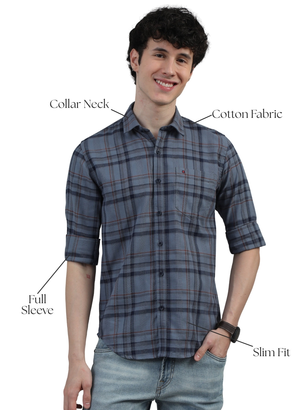 Men Navy Blue Slim Fit Checks Full Sleeve Casual Shirt