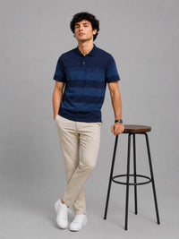 Men Indigo Slim Fit Striped Jacquard Polo Collar Casual T-Shirt with Chest Pocket